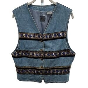 Lizwear Denim Vest L‎ Embroidered Trim Blue Jean Western Boho Festival Layering